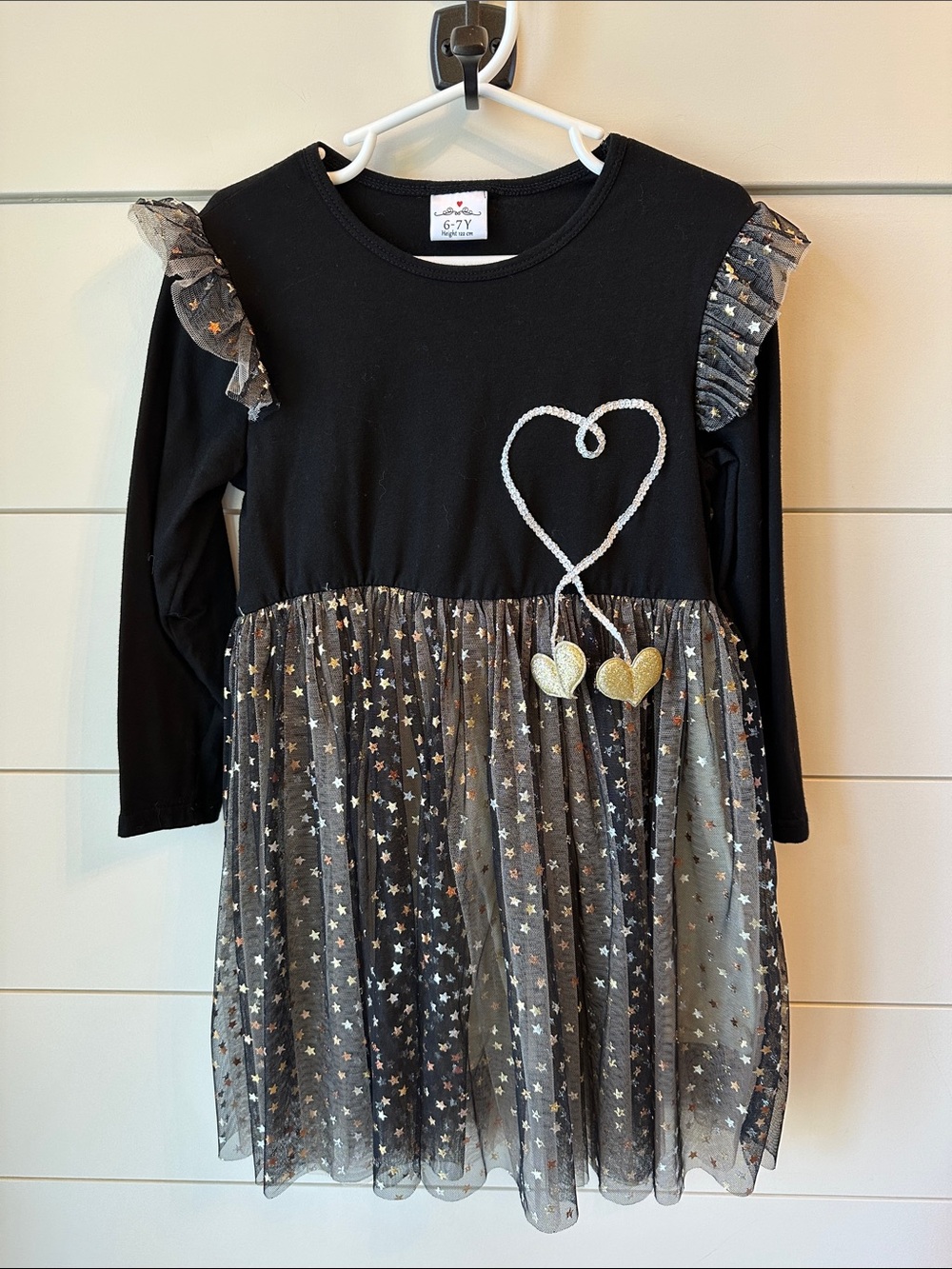 Kids Black Star Mesh Heart tulle Dress with Gold Accents size 6/7